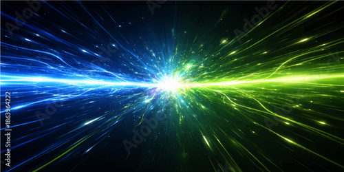 Abstract light and blue background featuring a futuristic galaxy design with glowing stars, laser energy bursts, and a shiny fractal pattern in a bright space illustration