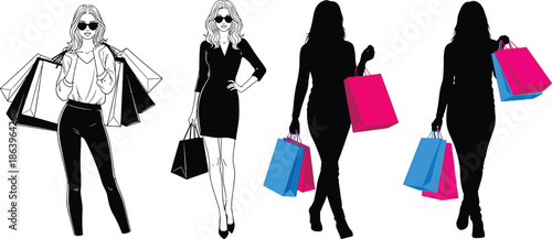 Collection of women with shopping bags in holiday colors, illustrated in silhouette