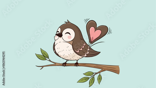 Cute cartoon bird with heart tail sitting on a branch.