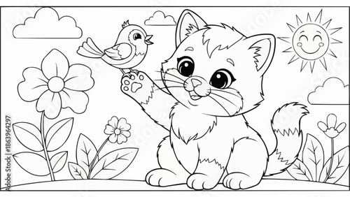Cute cartoon kitten and bird illustration for coloring.
