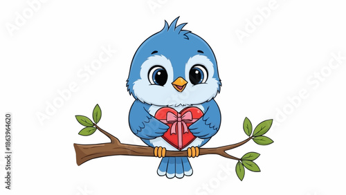 Cute blue cartoon bird holding a red gift box with a bow.