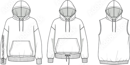 Technical fashion sketch of three oversized hoodie styles featuring long sleeves, a drawstring hem variant, and a sleeveless hooded vest.