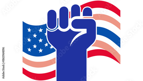 A powerful and patriotic minimalist vector illustration featuring a blue raised fist against the American flag symbolizing protest and unity