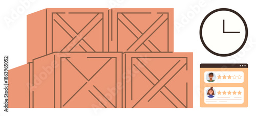 E-commerce, logistics, inventory management, warehouse control, time tracking, customer satisfaction. Wooden crates stacked, a clock and customer rating interface. Logistics and inventory concepts