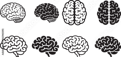 Eight different brain illustrations in black and white on a plain white background