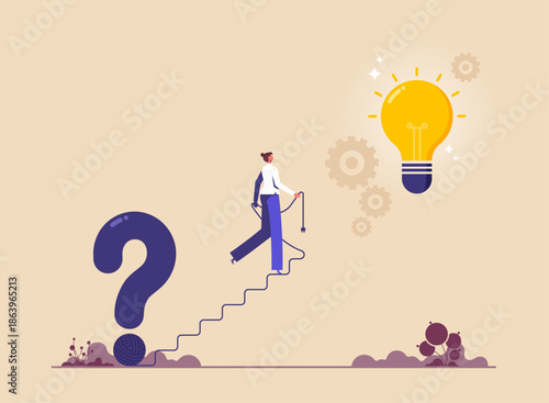 Creativity for business or idea to solve problem, businesswoman build and start walking on electricity line as stairway between question mark and light bulb, creativity to success or goal achievement