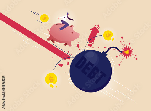 Economic problems and crisis concept, businesswoman with bankruptcy, financial mistake and investment risk and money loss in economic