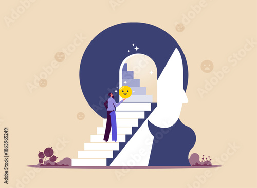 Emotional intelligence ability to understanding emotions and control self positive concept, illustration of a human head with stairs and door inside, Finding yourself, self improvement, mental health