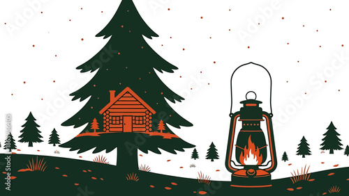 Cozy cabin nestled among snow-covered trees with a warm lantern in the serene winter landscape illustration