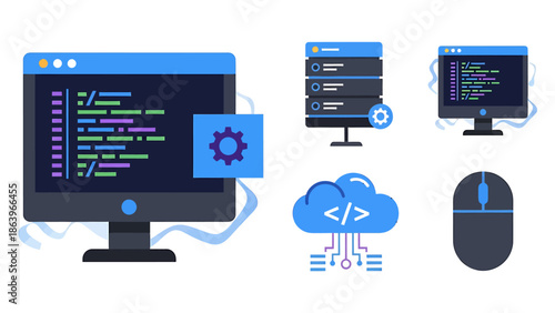 Modern Flat Design Vector Icons Collection for Web Development, Software Programming, Cloud Technology, Data Servers, and Digital Computing Concepts