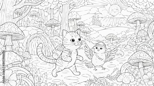 Cute cartoon cat and bird friends in a magical forest.
