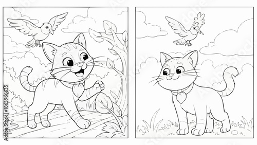 Cute cartoon cat and bird coloring pages for children.