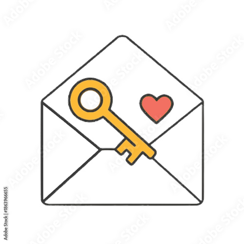 Key to love letter icon in a simple doodle style, representing secret messages or cherished emotions isolated on white background