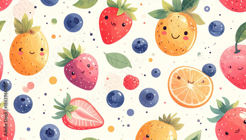 Cute small fruit illustrations in a seamless pattern, pastel palette and airy background.