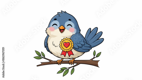 Cute cartoon blue bird wearing a medal sitting on a branch.
