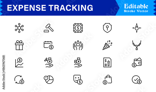 Expense Tracking and Budgeting Tools – Professional Line Icon Set Featuring Modern, Minimal, Editable Financial Symbols for Accounting, Finance, and Money Management