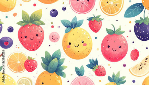 Seamless pattern of cute little fruits in pastel colors, light background, sweet and playful style.