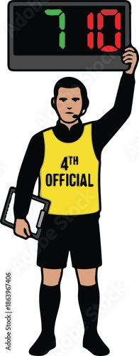 Vector illustration of a soccer fourth official wearing a yellow vest, holding a digital substitution board displaying numbers 7 and 10 to signal a player change, and carrying a clipboard.