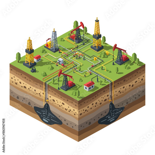 Isometric illustration of an oil field with multiple derricks, pipelines, and underground oil reservoirs.