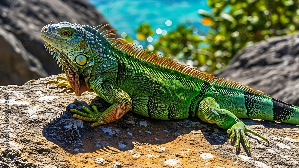 Fototapeta premium Colorful Green Blue Iguana Lizard Resting on Rocks Near Water