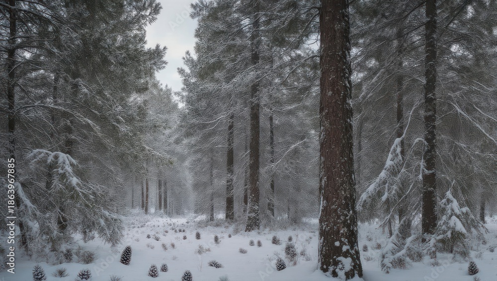 Fototapeta premium Snowy forest scene, conifers covered in snow, with a muted palette and natural light