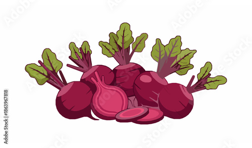 Cute cartoon beetroot vegetable collection with leaves and slices isolated on white