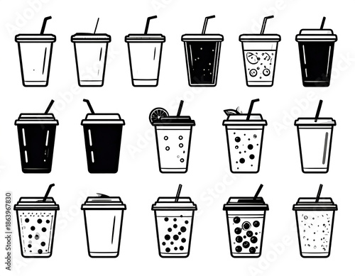 Minimal black smoothie and coffee cup icon set, clean lines, isolated on white background.