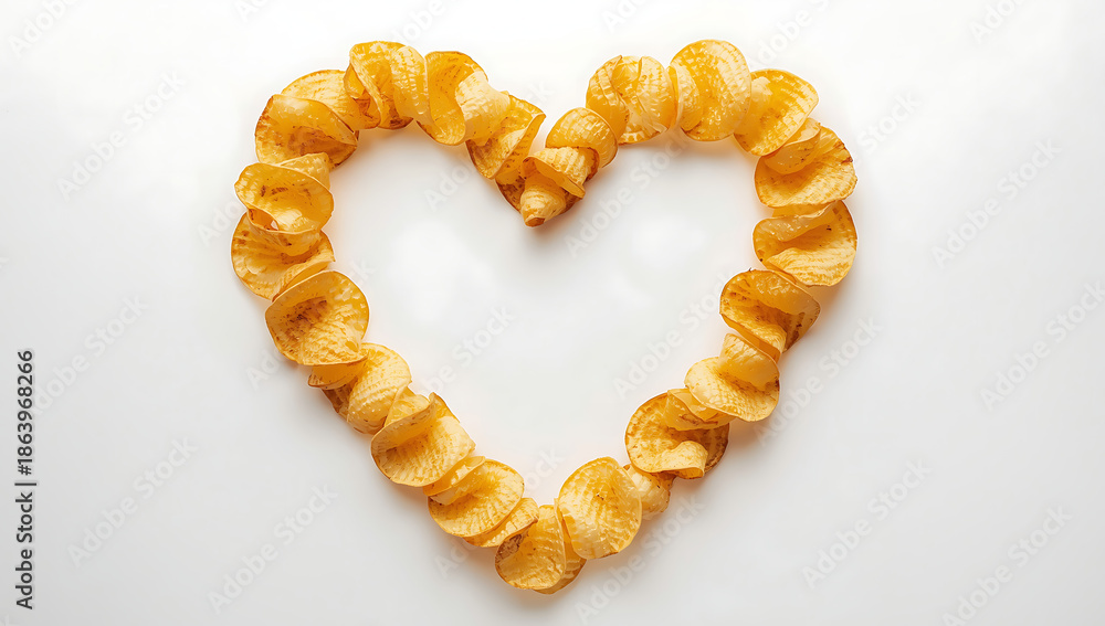Obraz premium Heart shape formed from golden potato chips on clean background, playful snack concept expressing love, comfort food, celebration mood, and creative food styling for branding and marketing visuals.