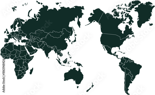 Pacific-Centered World Map Vector with Dark Minimalist Country Borders