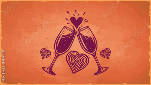 A vintage illustration of two champagne flutes toasting with hearts on a textured background