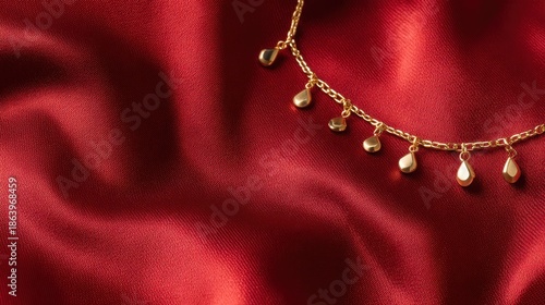 Elegant Gold Necklace on Luxurious Red Satin Fabric Background