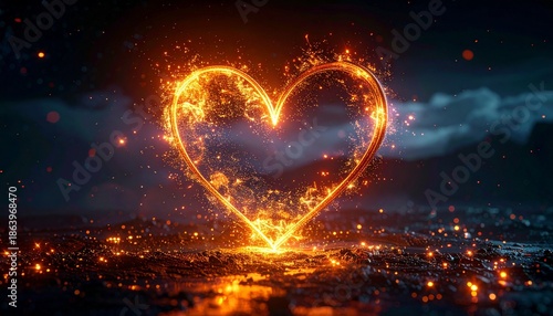 Fiery Heart of Passion: A heart-shaped outline composed of vibrant flames radiates warmth and passion against a dark, dramatic backdrop, symbolizing love and intensity.