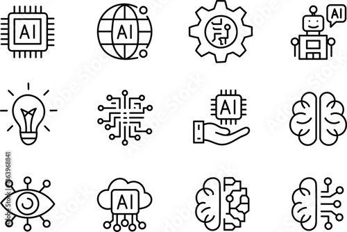 Hand Drawn Artificial Intelligence and Machine Learning Line Icons Set for Smart Technology