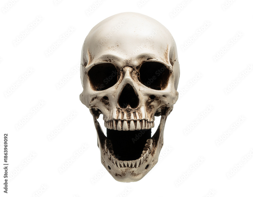 Fototapeta premium Human skull with open jaw and empty eye sockets against white background