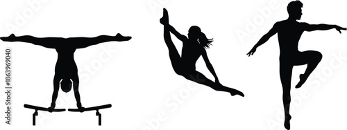 Gymnastic silhouettes of male and female athletes performing handstand on parallel bars, rhythmic gymnastics jump, and graceful ballet dancer posing on white background