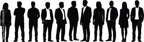 Group of professional diverse business people silhouettes standing in a row, corporate men and women team posing, executive staff collection, social community meeting silhouettes.