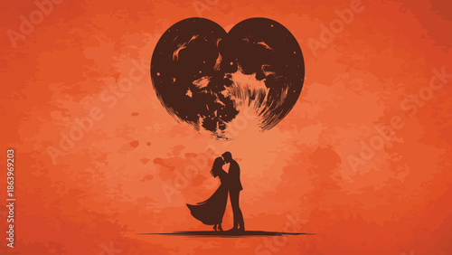 A romantic silhouette of a loving couple embracing under a heart-shaped moon