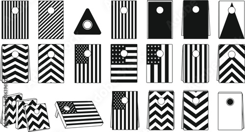 Set of cornhole board vector icons with American flags, chevron stripes, and geometric patterns for outdoor lawn games, backyard fun, and sports recreation,