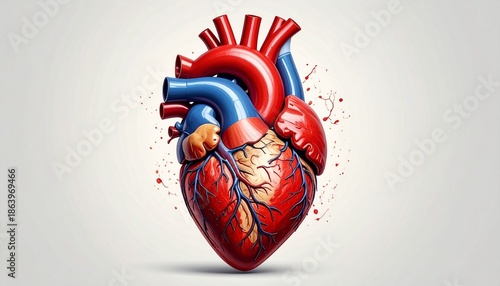 Anatomy of the Human Heart: A detailed and vibrant illustration of the human heart, meticulously rendered with intricate details of its chambers, vessels, and valves.