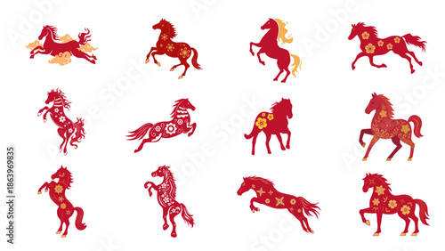Set of Lunar New Year 2026 Year of the Horse Icons and Chinese Zodiac Ornaments