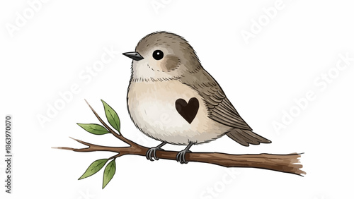 Cute little bird with heart on its chest sitting on a branch.