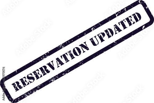A purple grunged rubber stamp mark indicates a reservation has been successfully updated
