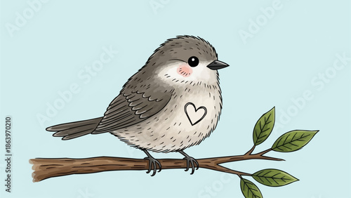 Cute cartoon bird with heart on chest sitting on a branch.