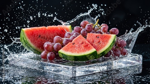 Fresh and dynamic! Vivid - colored fruits with water droplets on transparent ice, water splashing. Dark background and bright, sharp lighting highlight the vitality of ingredients.