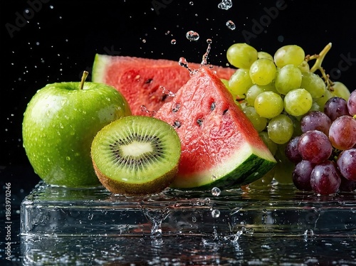 Fresh and dynamic! Vivid - colored fruits with water droplets on transparent ice, water splashing. Dark background and bright, sharp lighting highlight the vitality of ingredients.