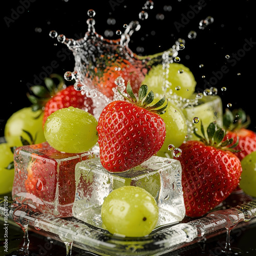 Fresh and dynamic! Vivid - colored fruits with water droplets on transparent ice, water splashing. Dark background and bright, sharp lighting highlight the vitality of ingredients.