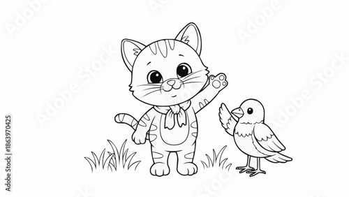 Cute cartoon kitten and bird waving hello.