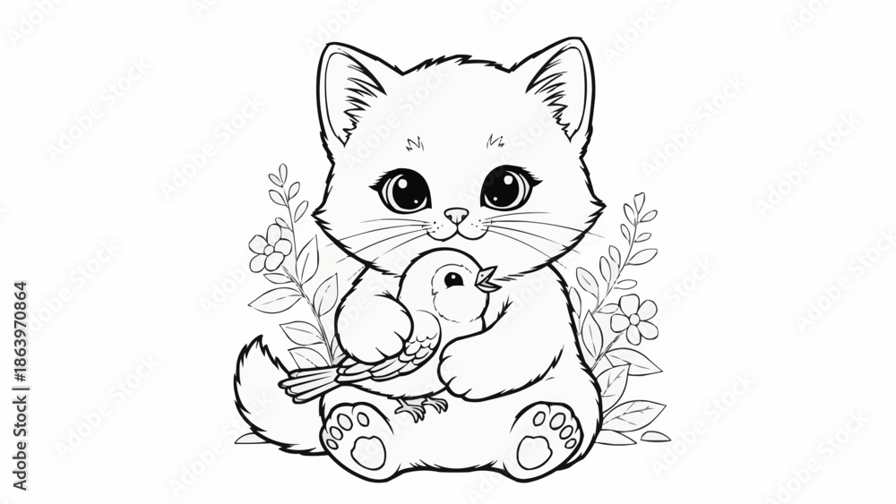 Obraz premium Cute cartoon kitten holding a small bird illustration for coloring.