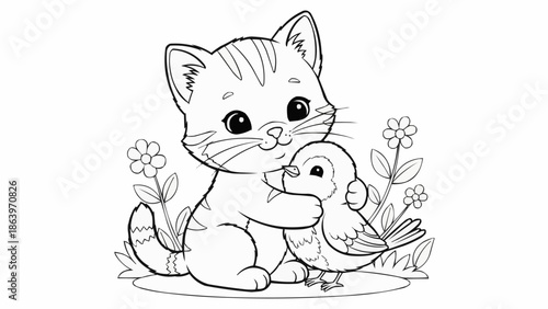 Cute cartoon cat hugging a little bird in a garden line art.