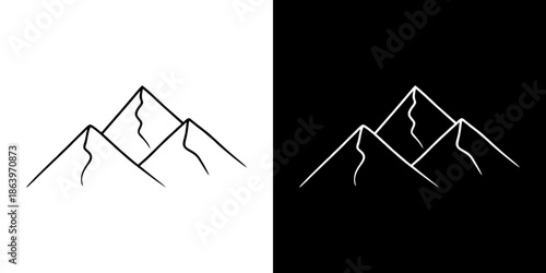 Minimalist mountain range line art, shown in both positive and negative versions on white and black backgrounds